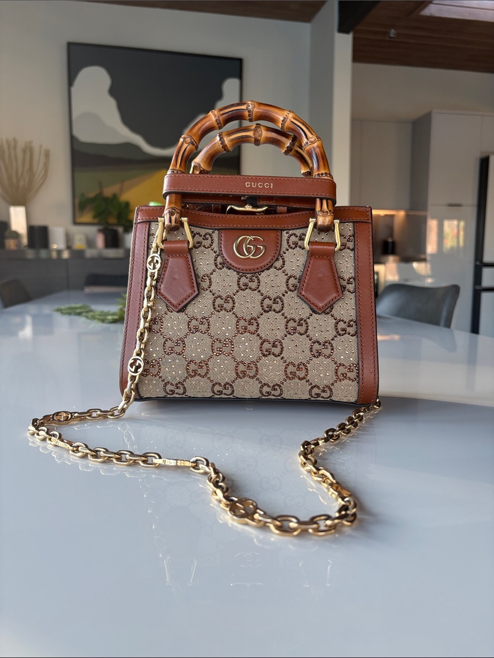 Gucci Brown GG Diana Satchel with Crystals and Bamboo Top Handle.